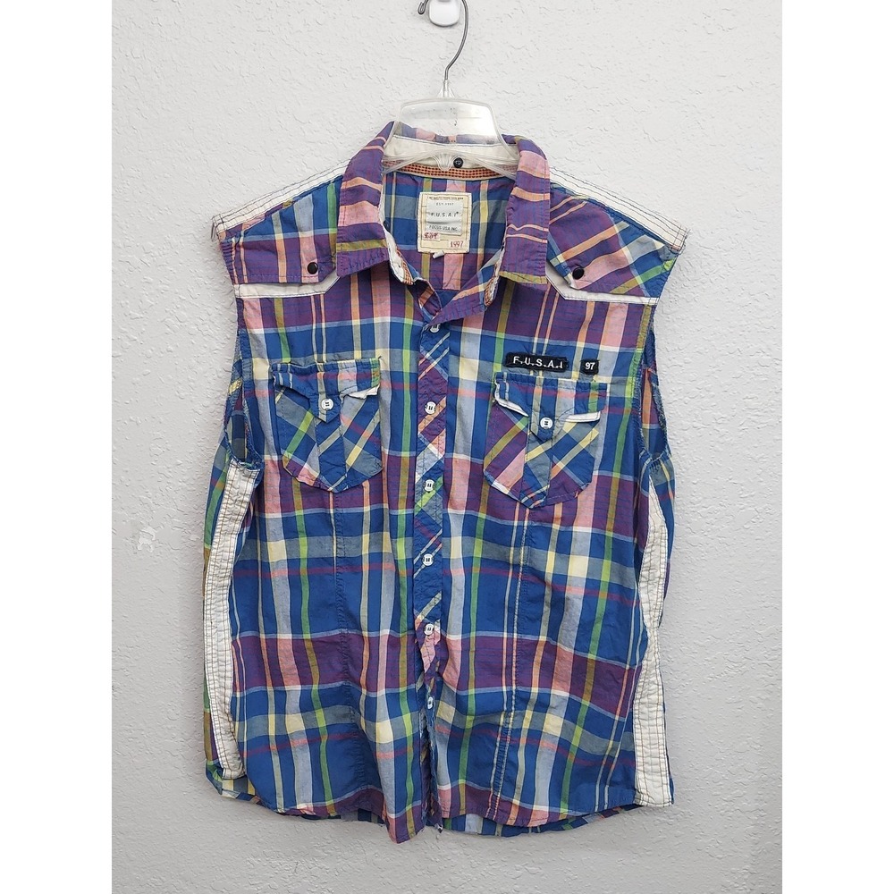 FUSAI Focus USA Shirt Mens XXL Plaid Sleeveless Button Up Y2K Vtg Grunge Western